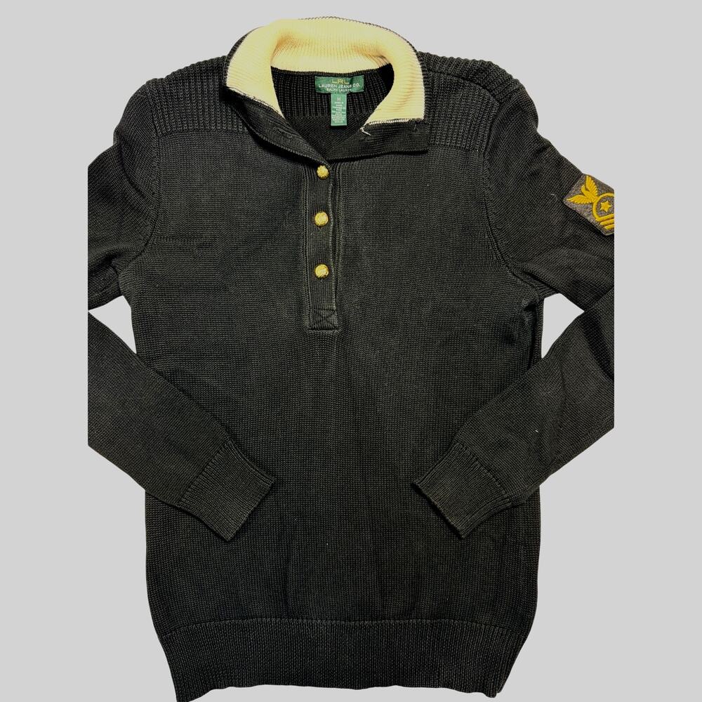 Lauren Ralph Lauren Nautical Military Sweater Gold Crest Button Black Women Sz M